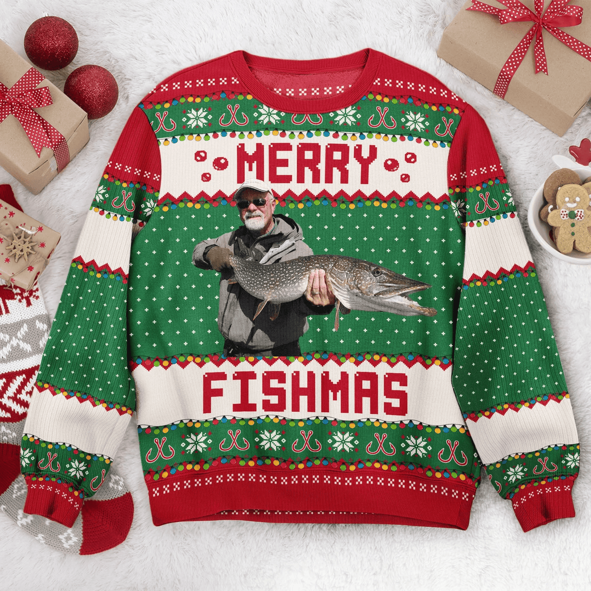 Custom Photo Merry Fishmas Gift For Fishing Lovers Funny Christmas Ugly Sweatshirt