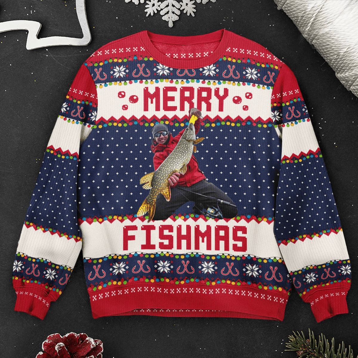 Custom Photo Merry Fishmas Gift For Fishing Lovers Funny Christmas Ugly Sweatshirt