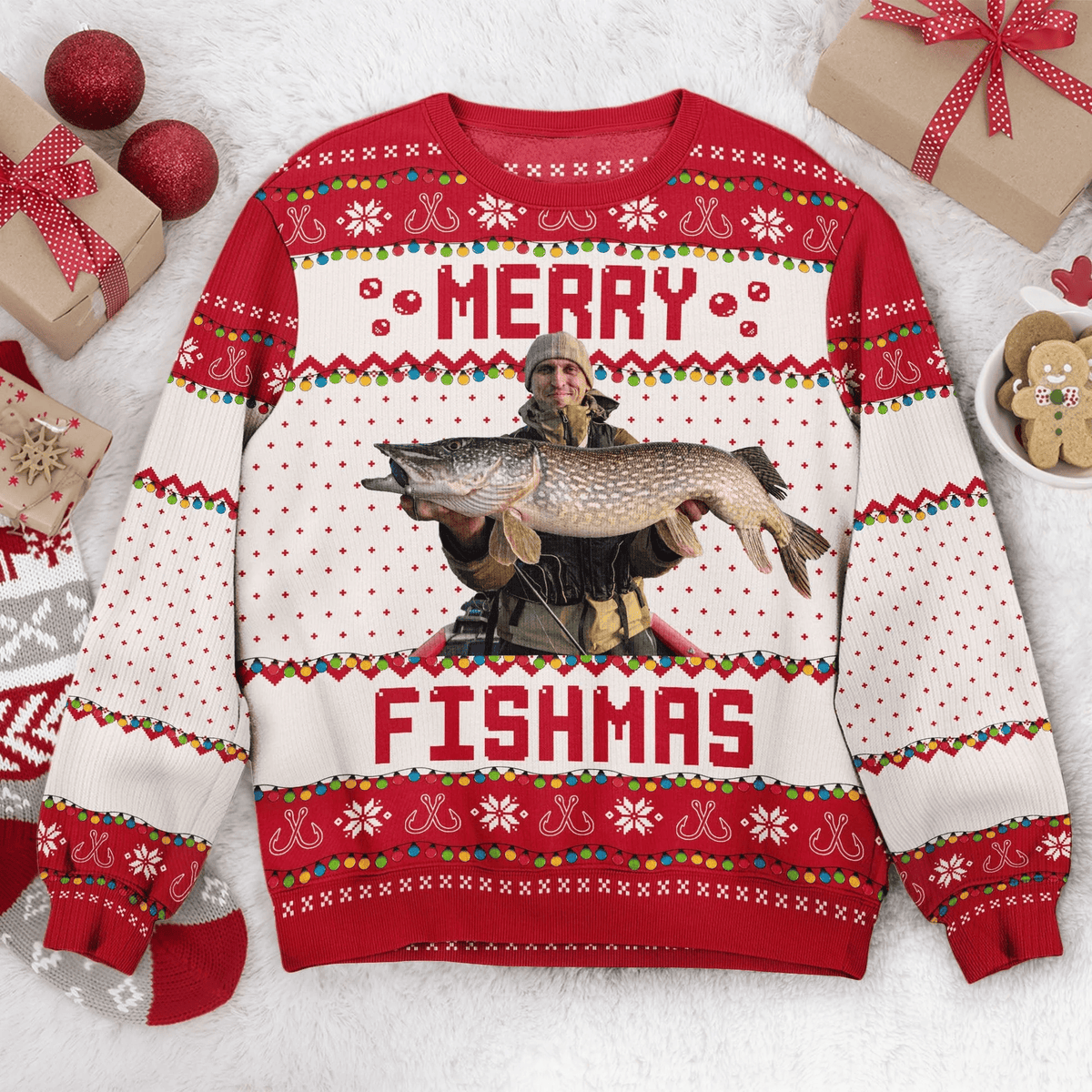 Custom Photo Merry Fishmas Gift For Fishing Lovers Funny Christmas Ugly Sweatshirt