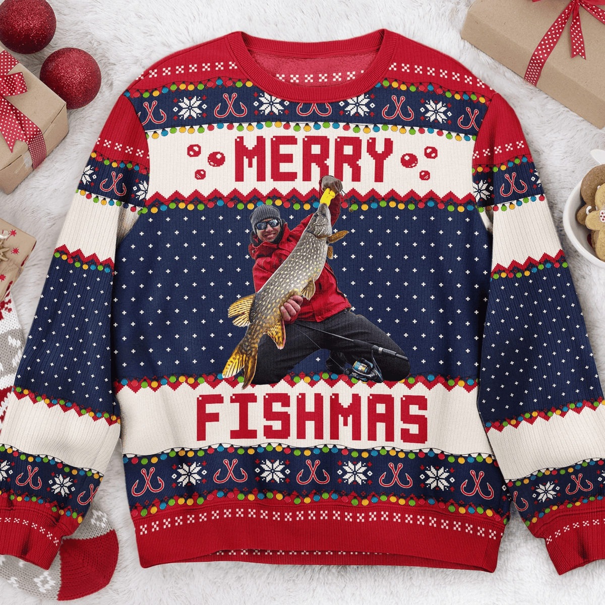 Custom Photo Merry Fishmas Gift For Fishing Lovers Funny Christmas Ugly Sweatshirt
