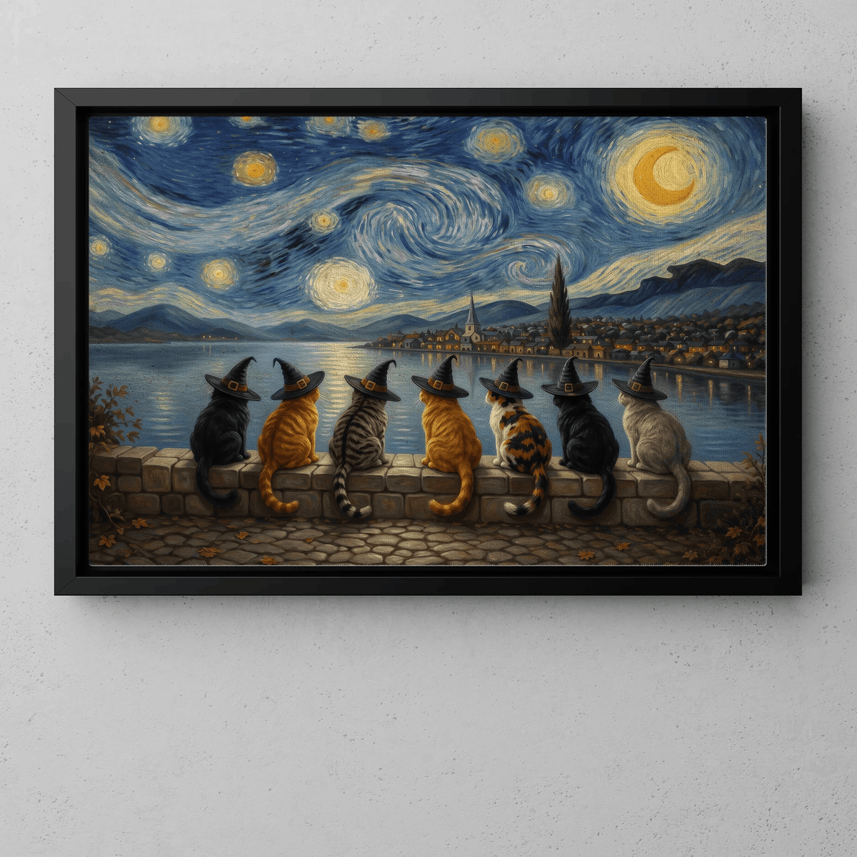 Halloween Impasto Oil Witch Cat Canvas Painting Poster Gift For Cat Lover
