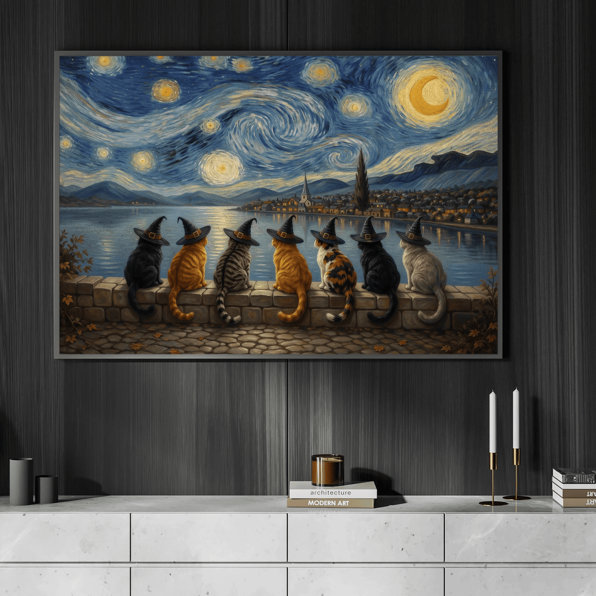 Halloween Impasto Oil Witch Cat Canvas Painting Poster Gift For Cat Lover