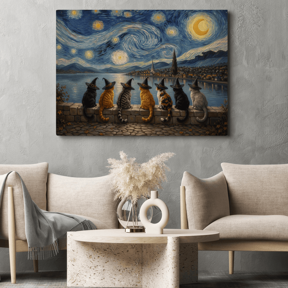 Halloween Impasto Oil Witch Cat Canvas Painting Poster Gift For Cat Lover