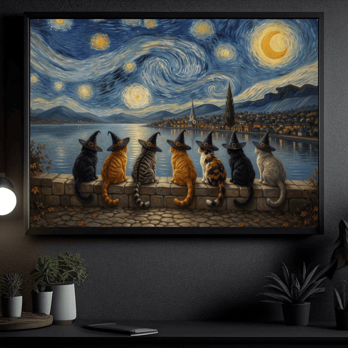 Halloween Impasto Oil Witch Cat Canvas Painting Poster Gift For Cat Lover