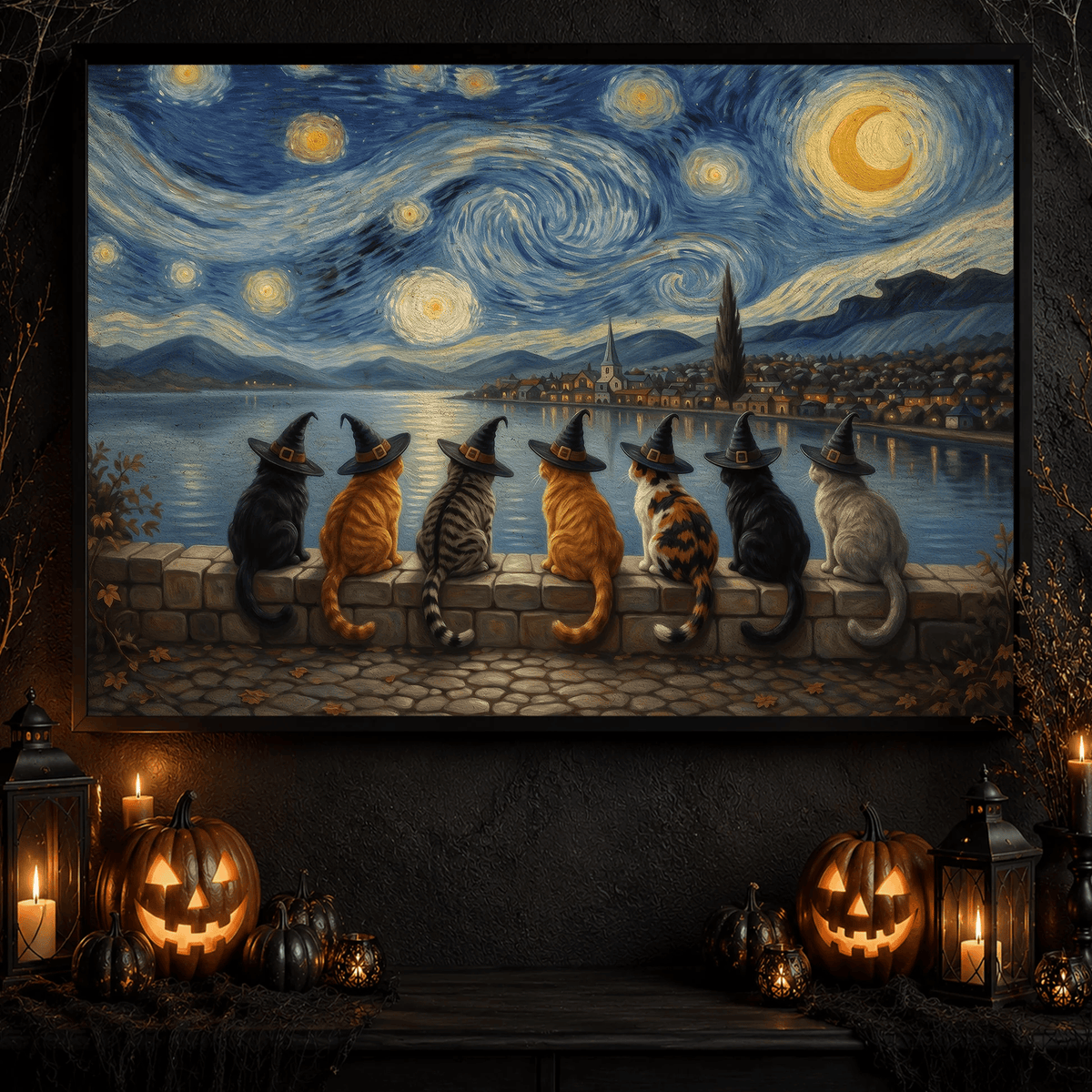 Halloween Impasto Oil Witch Cat Canvas Painting Poster Gift For Cat Lover