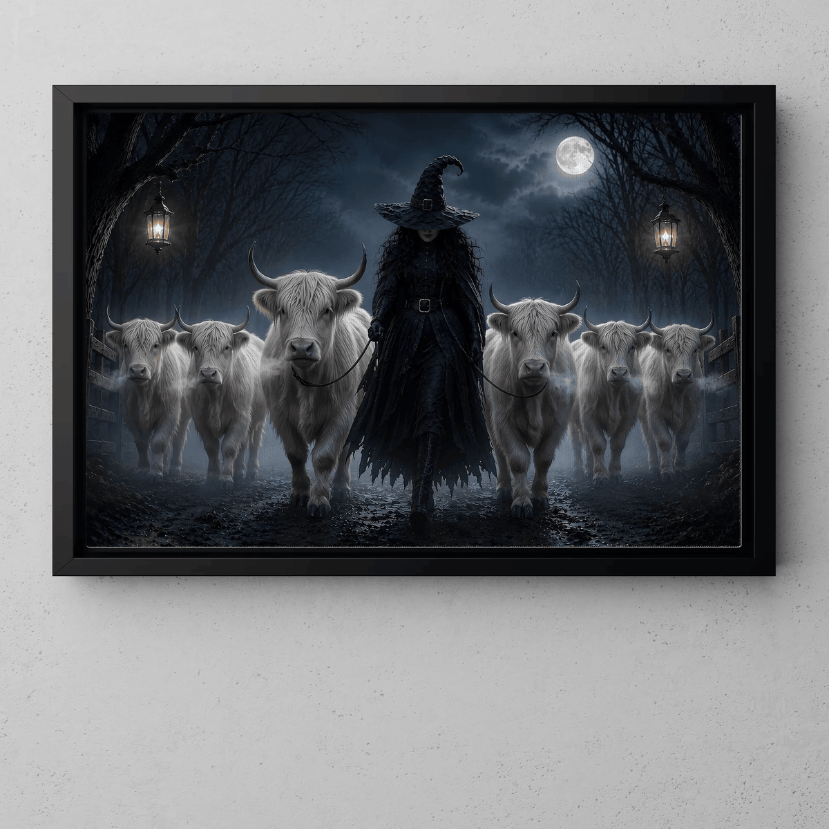 Halloween Witch And Highland Cows Canvas Wall Art Decor, Gift For Cow Lover