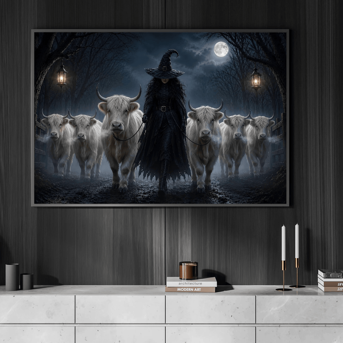 Halloween Witch And Highland Cows Canvas Wall Art Decor, Gift For Cow Lover