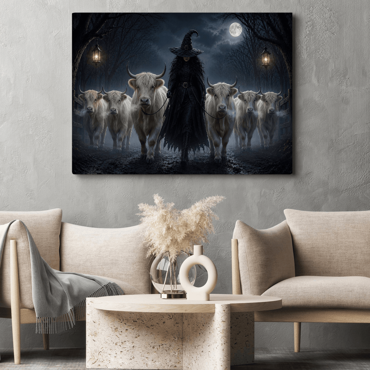 Halloween Witch And Highland Cows Canvas Wall Art Decor, Gift For Cow Lover