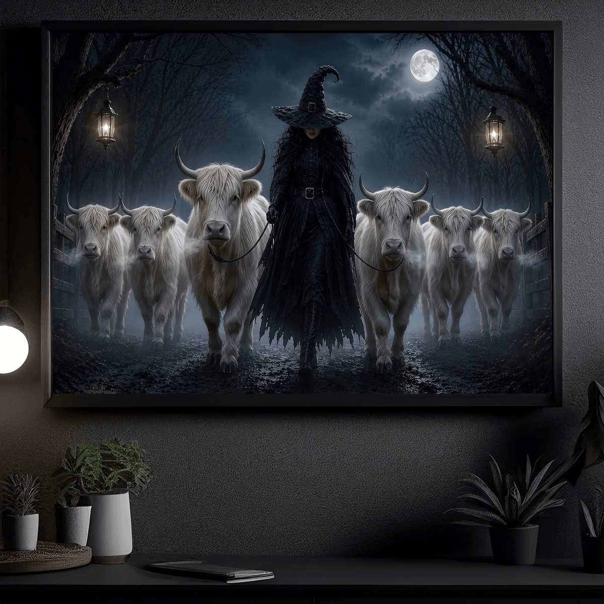Halloween Witch And Highland Cows Canvas Wall Art Decor, Gift For Cow Lover