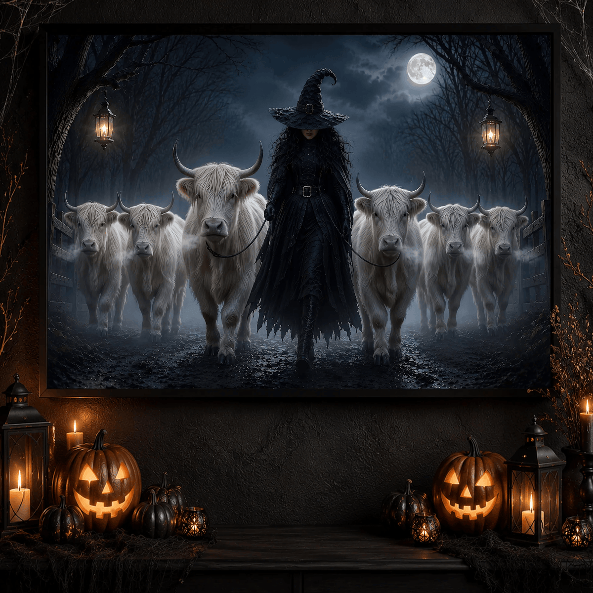Halloween Witch And Highland Cows Canvas Wall Art Decor, Gift For Cow Lover