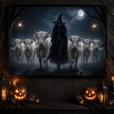 Halloween Witch And Highland Cows Canvas Wall Art Decor, Gift For Cow Lover