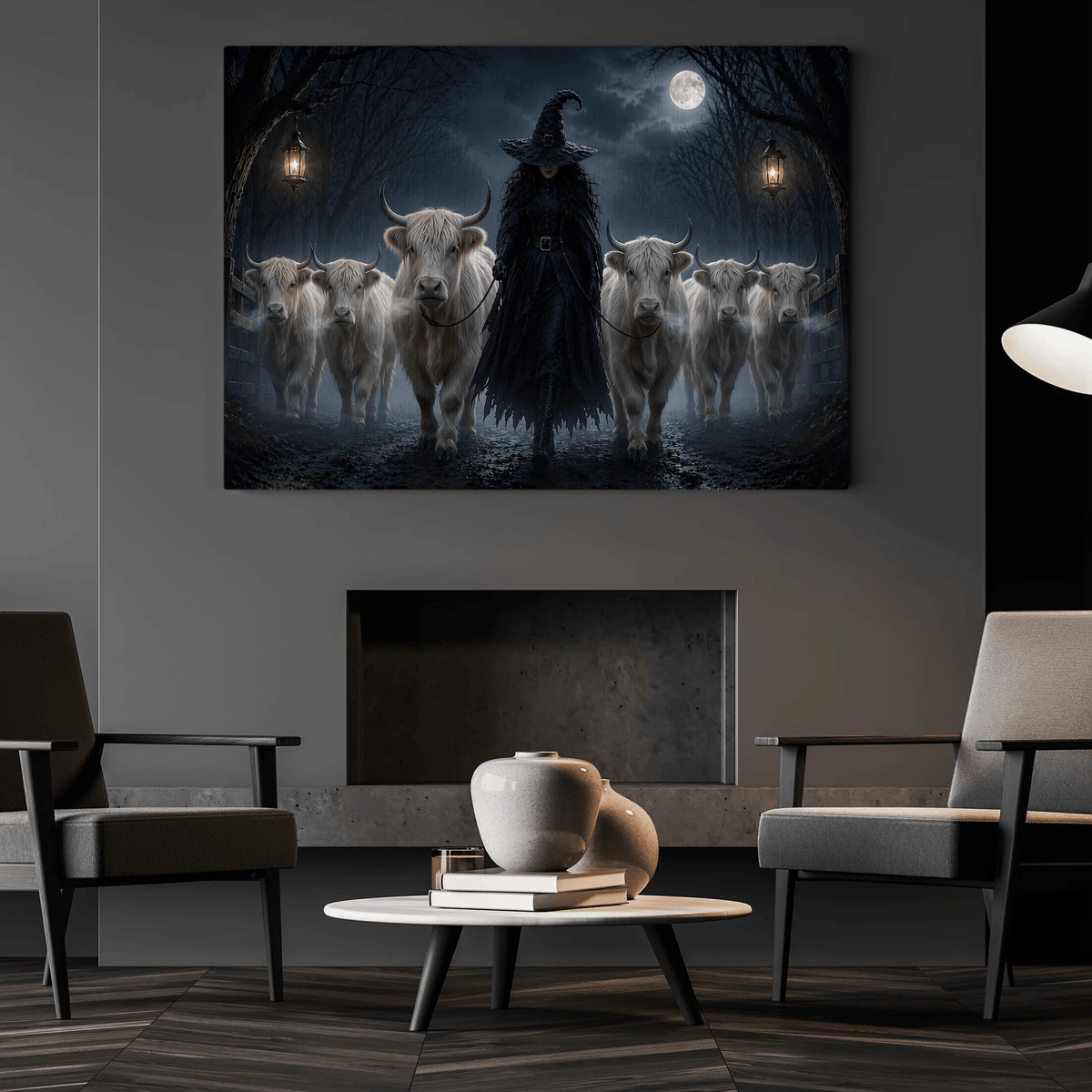 Halloween Witch And Highland Cows Canvas Wall Art Decor, Gift For Cow Lover