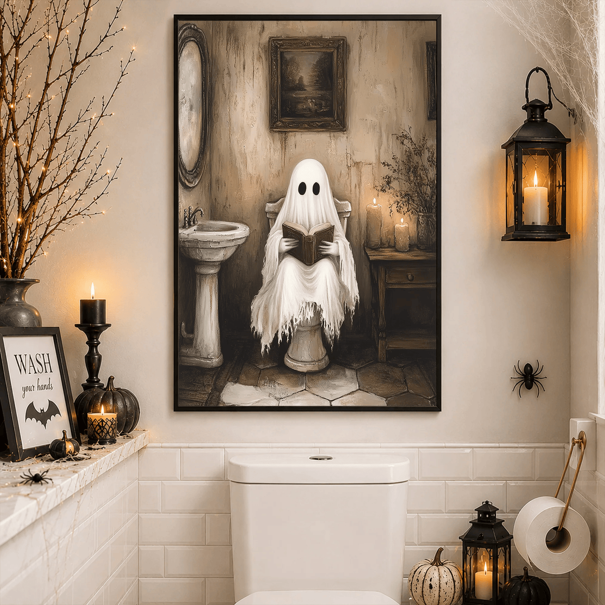 Vintage Halloween Ghost Toilet Canvas Wall Art Decor, Gift For Ghost Lover