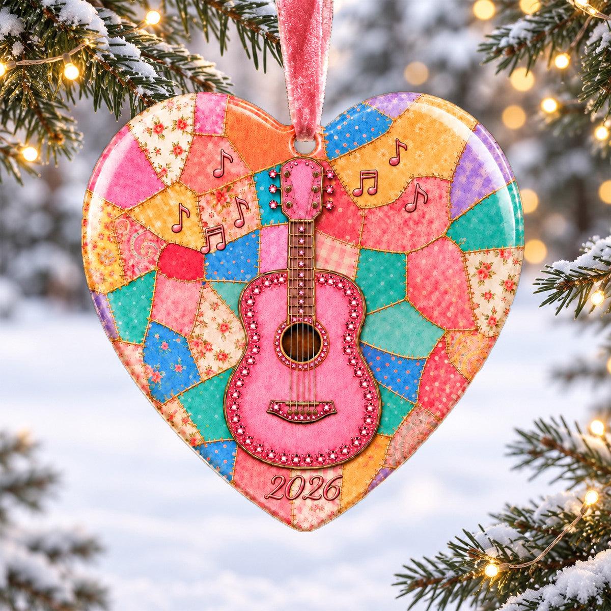 Sparkly Pink Acoustic Guitar Ceramic Ornament - Heartwarming Keepsake, Gifts For Music Lovers