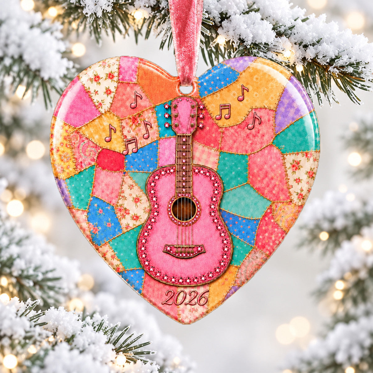 Sparkly Pink Acoustic Guitar Ceramic Ornament - Heartwarming Keepsake, Gifts For Music Lovers