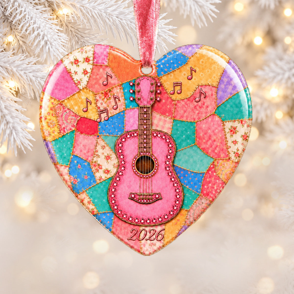 Sparkly Pink Acoustic Guitar Ceramic Ornament - Heartwarming Keepsake, Gifts For Music Lovers