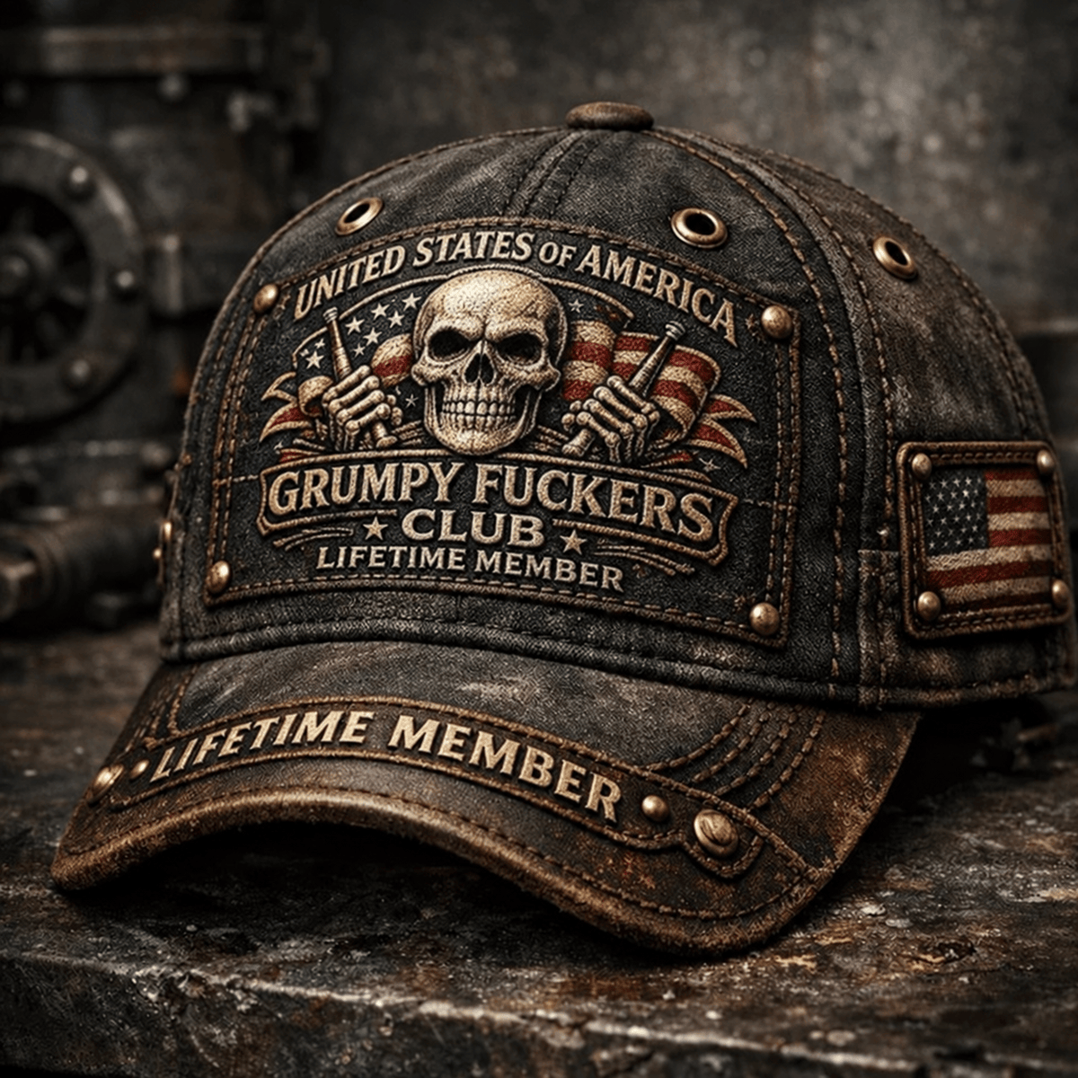 Grumpy Fuckers Club Skull Baseball Cap, Lifetime Member Printed Hat Graphic Vintage Style Gift for Dad