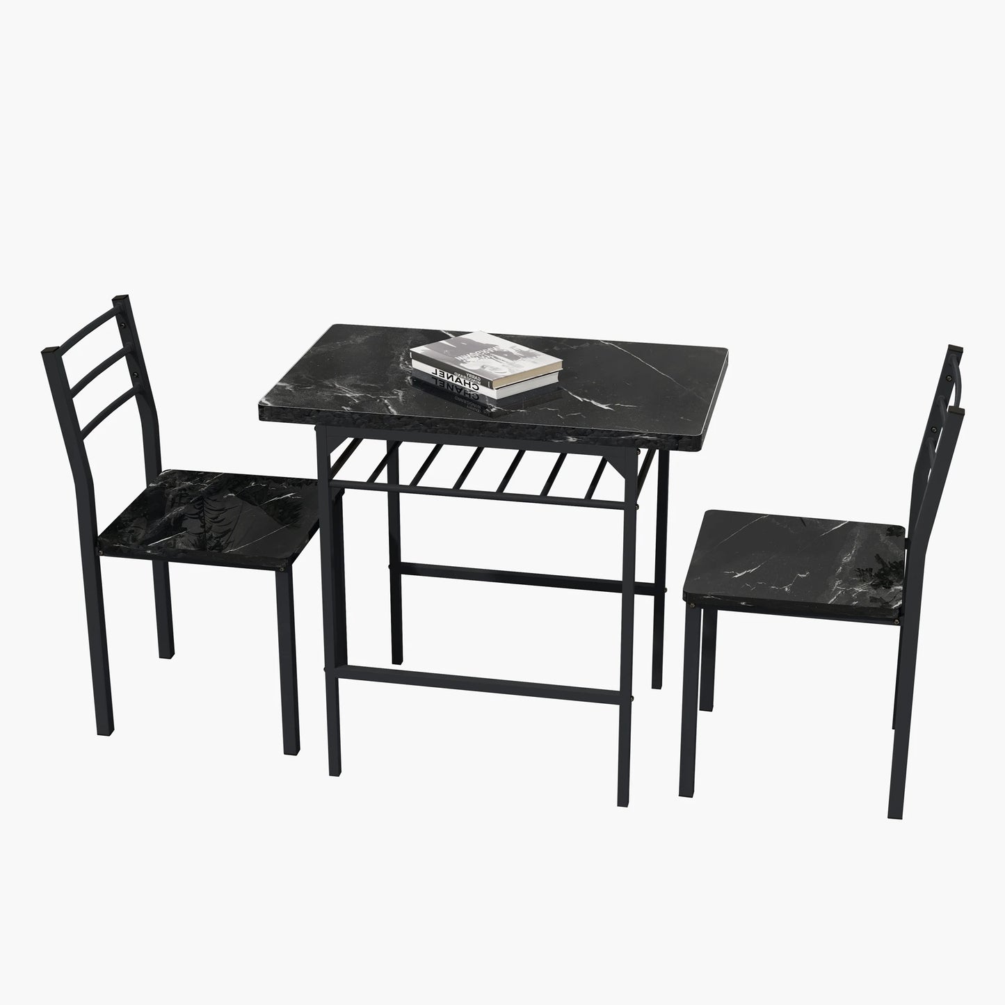 [Flash Sale]Modern 3-Piece Dining Table Set with 2 Chairs for Dining Room Black Frame+Printed Black Marble Finish[US-W]