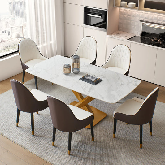 Ensemble de table à manger en pierre frittée avec chaises 1 63" Carrara White Color Table moderne Base en acier au carbone doré 6 pièces Chaises de luxe haut de gamme