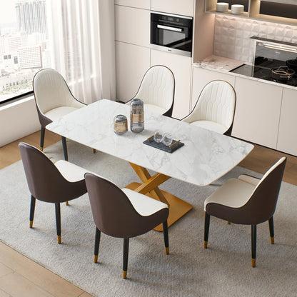 Ensemble de table à manger en pierre frittée avec chaises 1 63" Carrara White Color Table moderne Base en acier au carbone doré 6 pièces Chaises de luxe haut de gamme