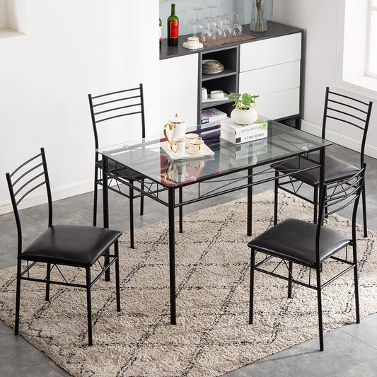 Two Colors Dinning Table Set  [110 x 70 x 76cm] Iron Glass Dining Table and Chairs Black One Table and Four Chairs PU Cushion