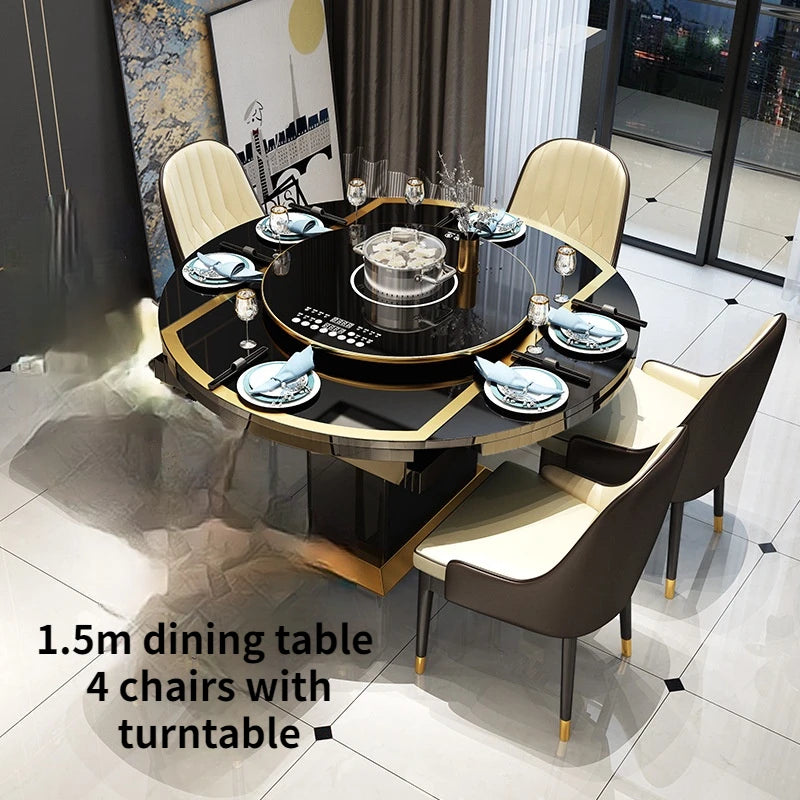 Folding with induction cooker dining table chair combination with turntable telescopic rotating size variable round table