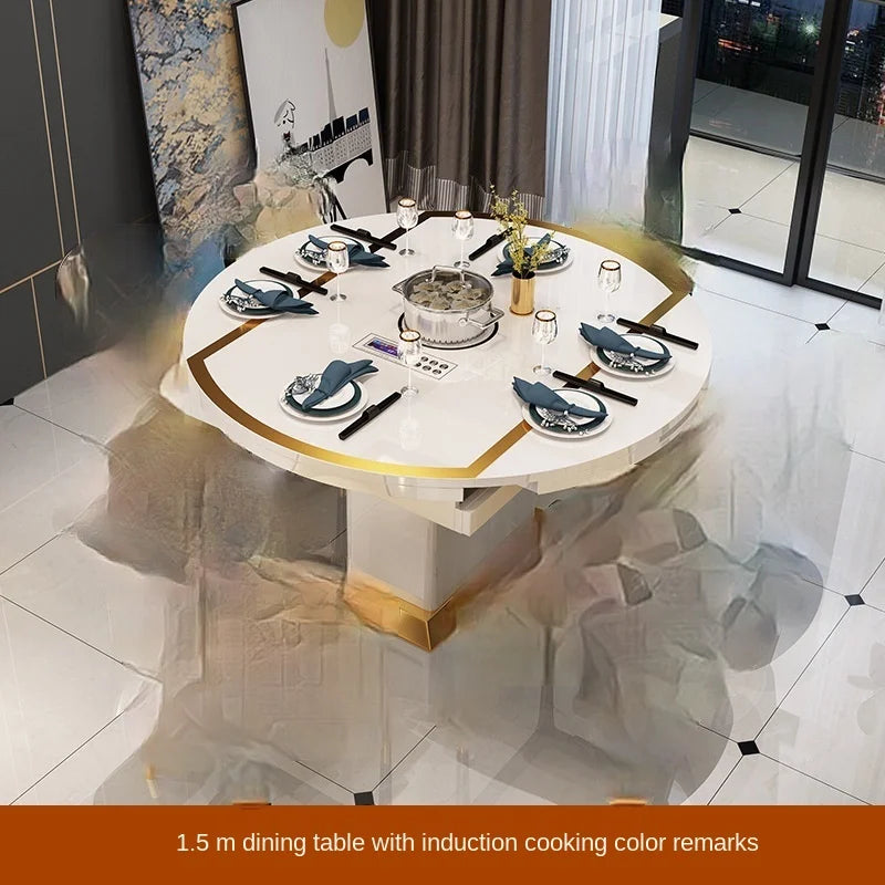 Folding with induction cooker dining table chair combination with turntable telescopic rotating size variable round table