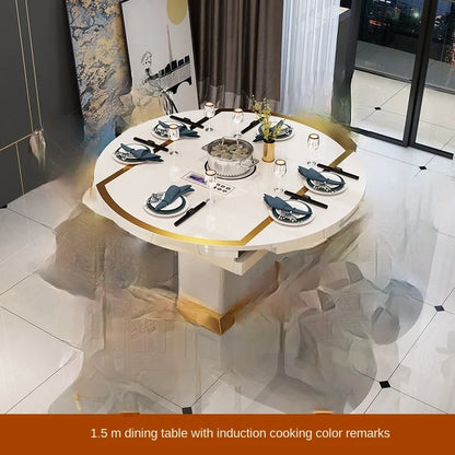 Folding with induction cooker dining table chair combination with turntable telescopic rotating size variable round table