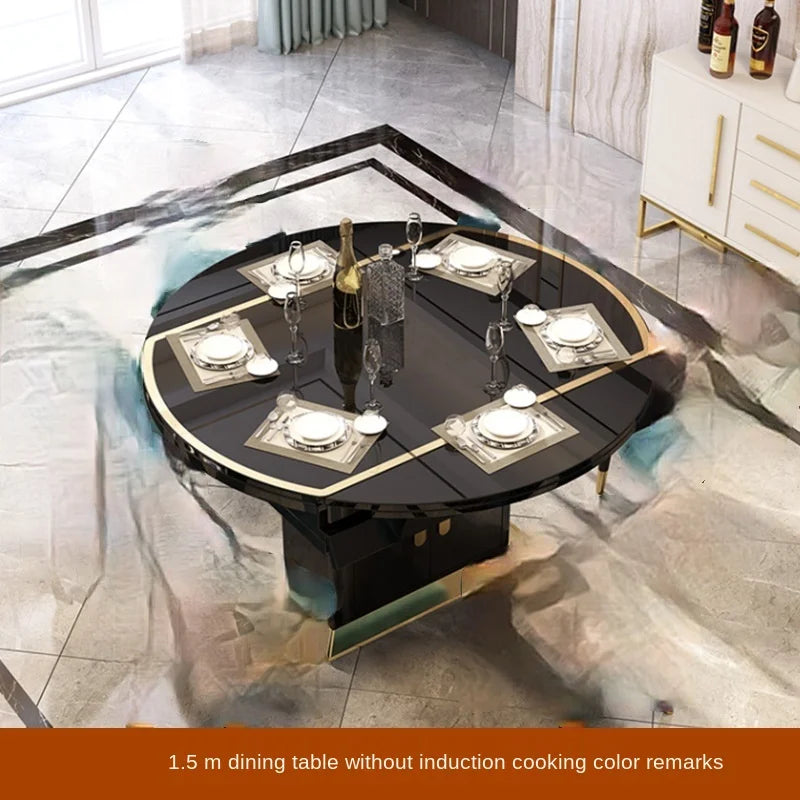 Folding with induction cooker dining table chair combination with turntable telescopic rotating size variable round table