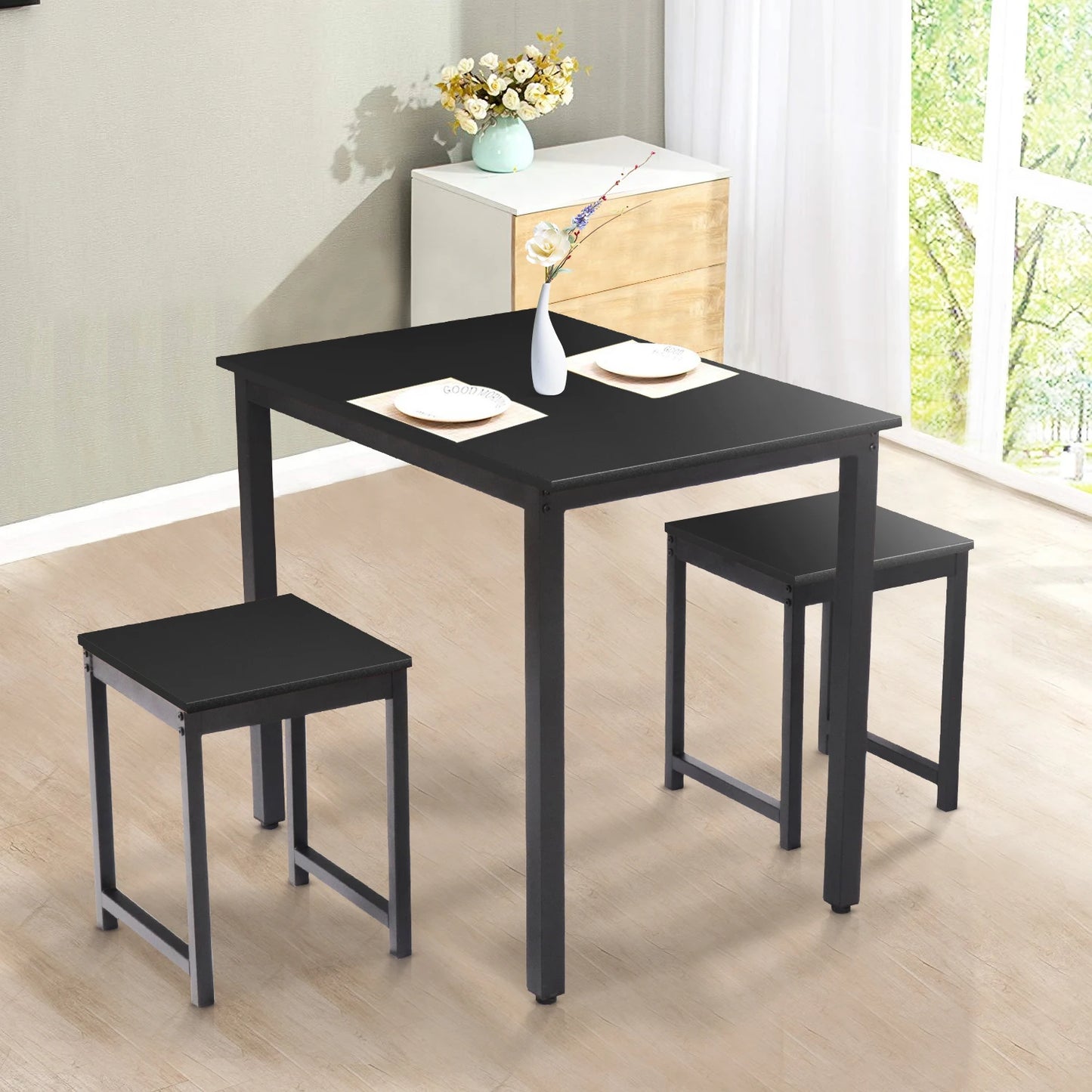 3 Pieces Dining Table Chair Set Include 1 Table + 2 Stools for Home Living Room Furniture Black/Brown[US-W]