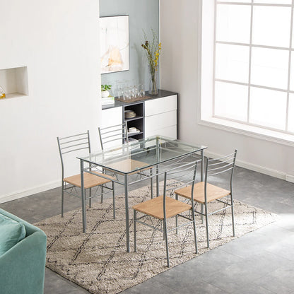 Ensemble de table à manger en verre et fer bicolore [110 x 70 x 76 cm] Meubles de cuisine pour petit-déjeuner Une table et quatre chaises Coussin en PU