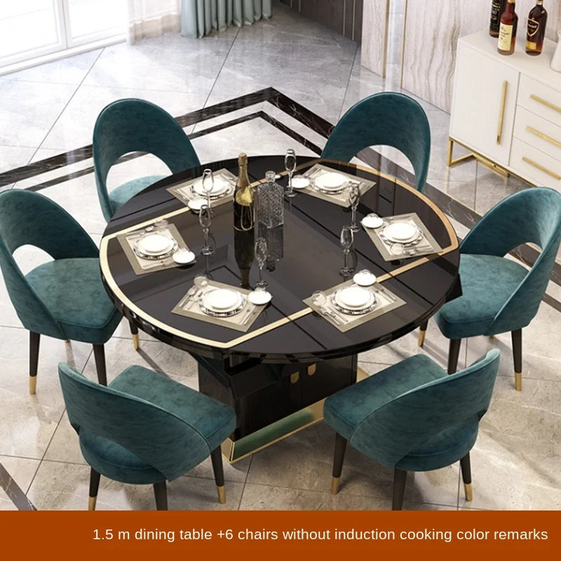 Folding with induction cooker dining table chair combination with turntable telescopic rotating size variable round table