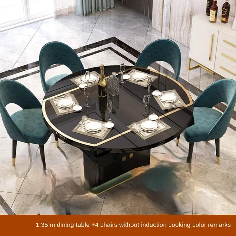 Folding with induction cooker dining table chair combination with turntable telescopic rotating size variable round table