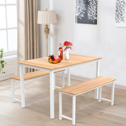 3 Pieces Farmhouse Kitchen Dining Table Chair Set Include 1 Table 2 Benches Metal Frame&MDF Board for Home Cafeteria Apartment