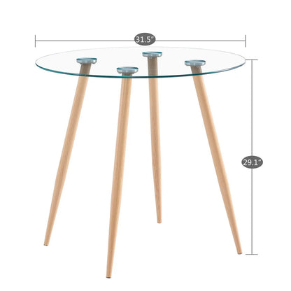 Ensemble de chaises de table à manger comprenant 1 table à manger ronde en verre + 4 chaises de salle à manger simples de style moderne avec pieds en imitation bois [US-W]