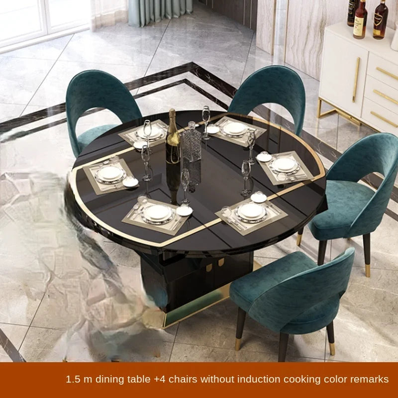 Folding with induction cooker dining table chair combination with turntable telescopic rotating size variable round table