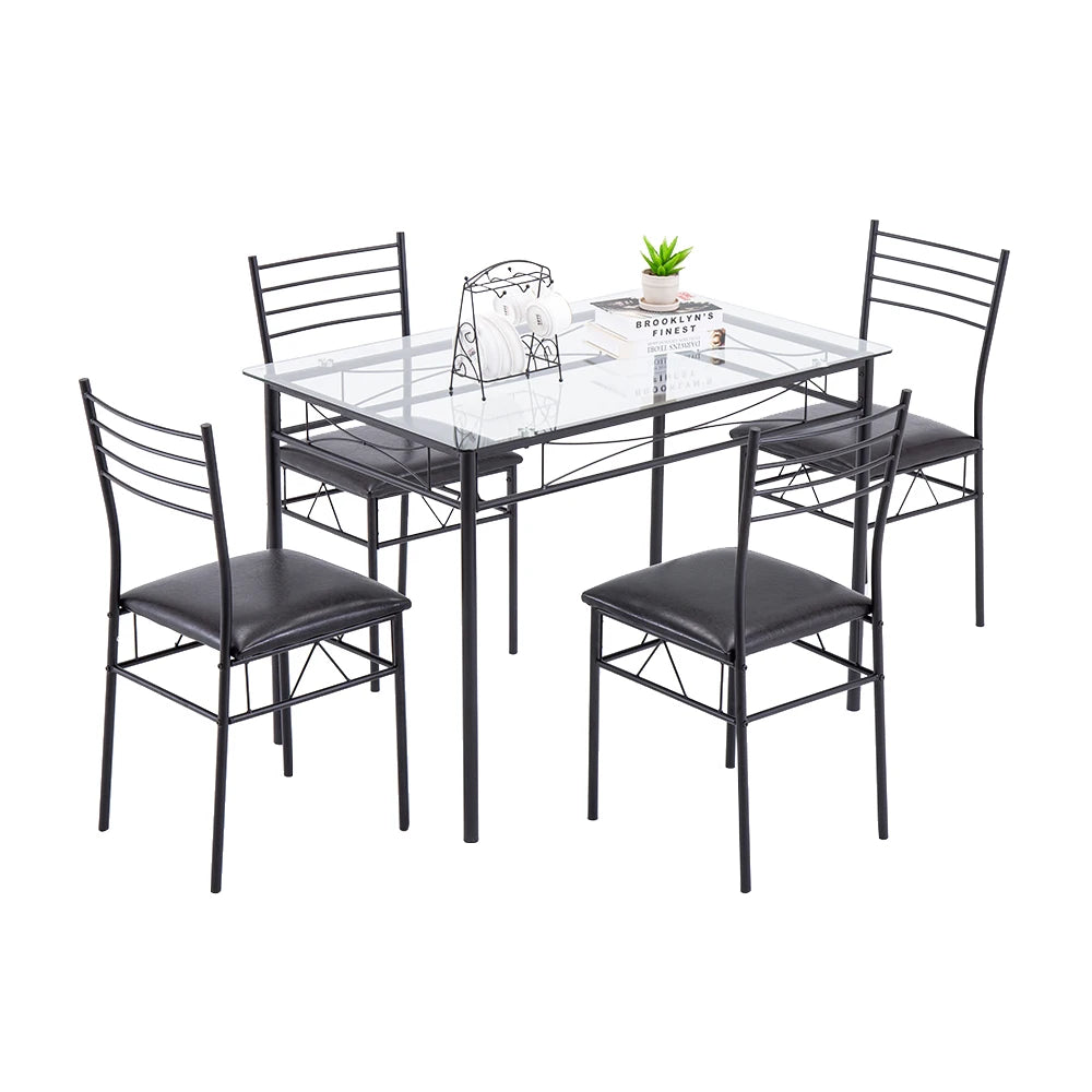 Two Colors Dinning Table Set  [110 x 70 x 76cm] Iron Glass Dining Table and Chairs Black One Table and Four Chairs PU Cushion