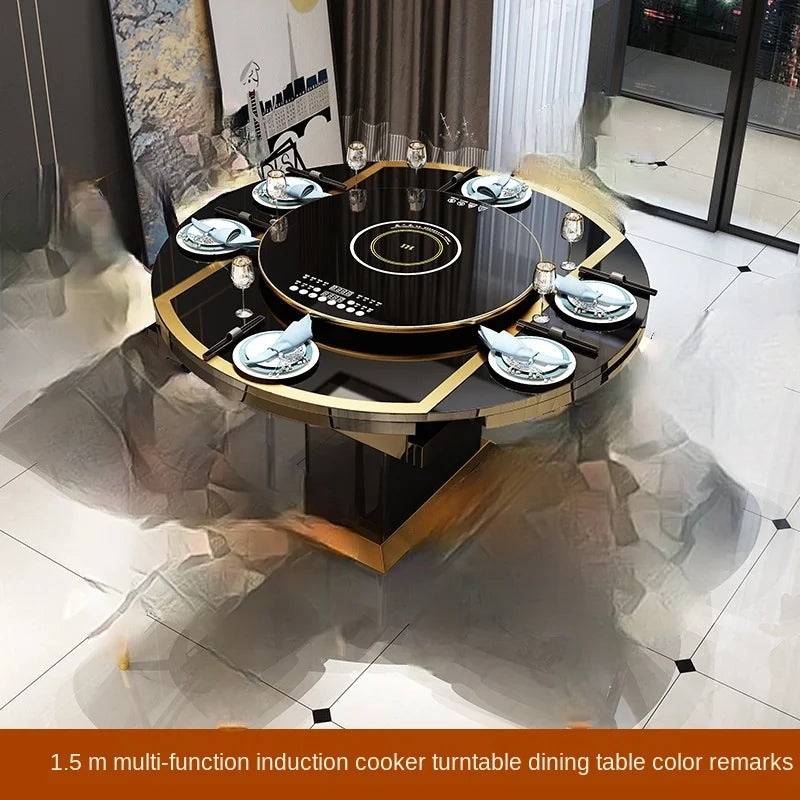 Folding with induction cooker dining table chair combination with turntable telescopic rotating size variable round table