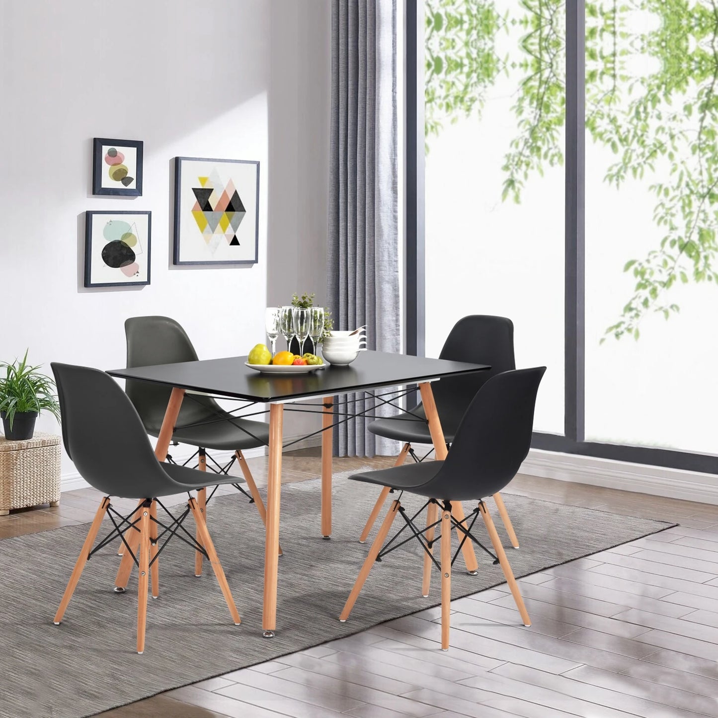 Ensemble de table à manger et chaises pour 4 personnes comprenant 1 table à manger carrée de 31,5 po + 4 chaises de salle à manger en plastique noir et blanc [US-W]