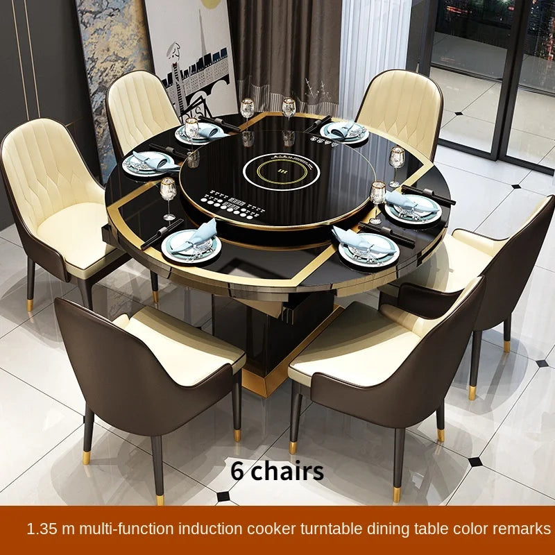 Folding with induction cooker dining table chair combination with turntable telescopic rotating size variable round table