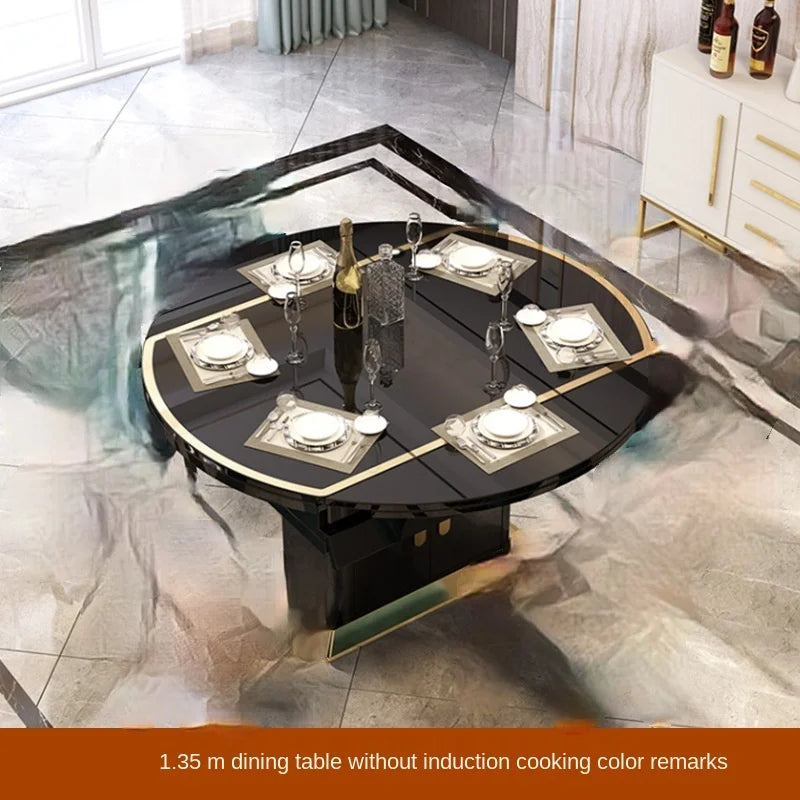 Folding with induction cooker dining table chair combination with turntable telescopic rotating size variable round table