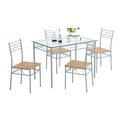 Two Colors Dinning Table Set  [110 x 70 x 76cm] Iron Glass Dining Table and Chairs Black One Table and Four Chairs PU Cushion