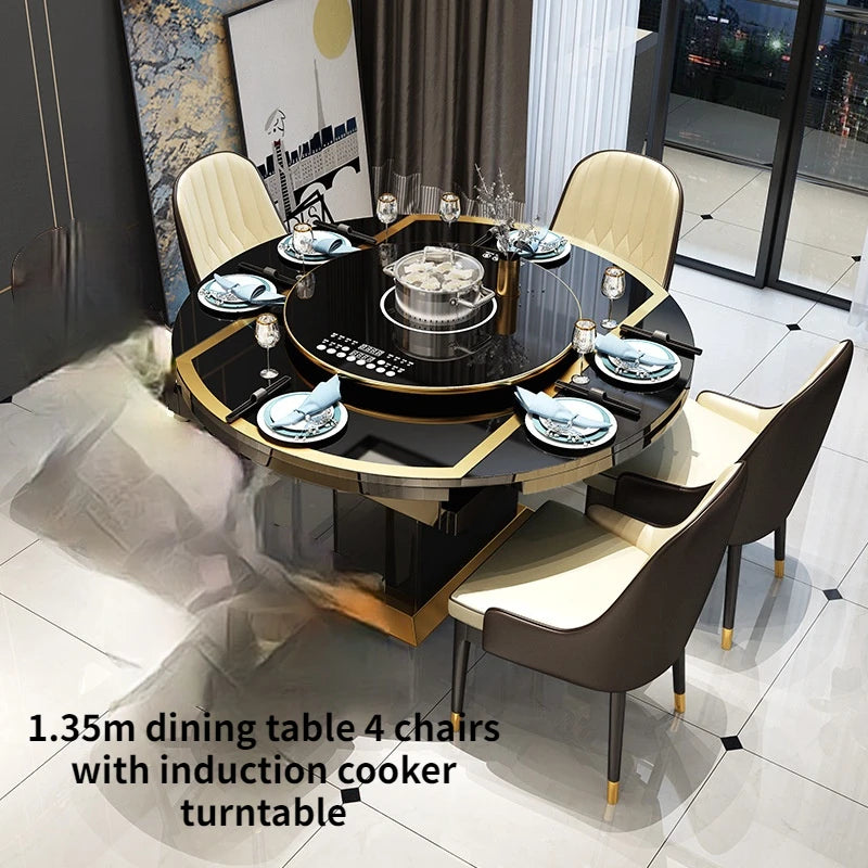 Folding with induction cooker dining table chair combination with turntable telescopic rotating size variable round table