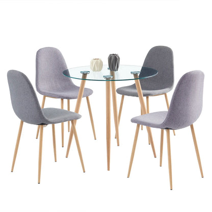 Ensemble de chaises de table à manger comprenant 1 table à manger ronde en verre + 4 chaises de salle à manger simples de style moderne avec pieds en imitation bois [US-W]