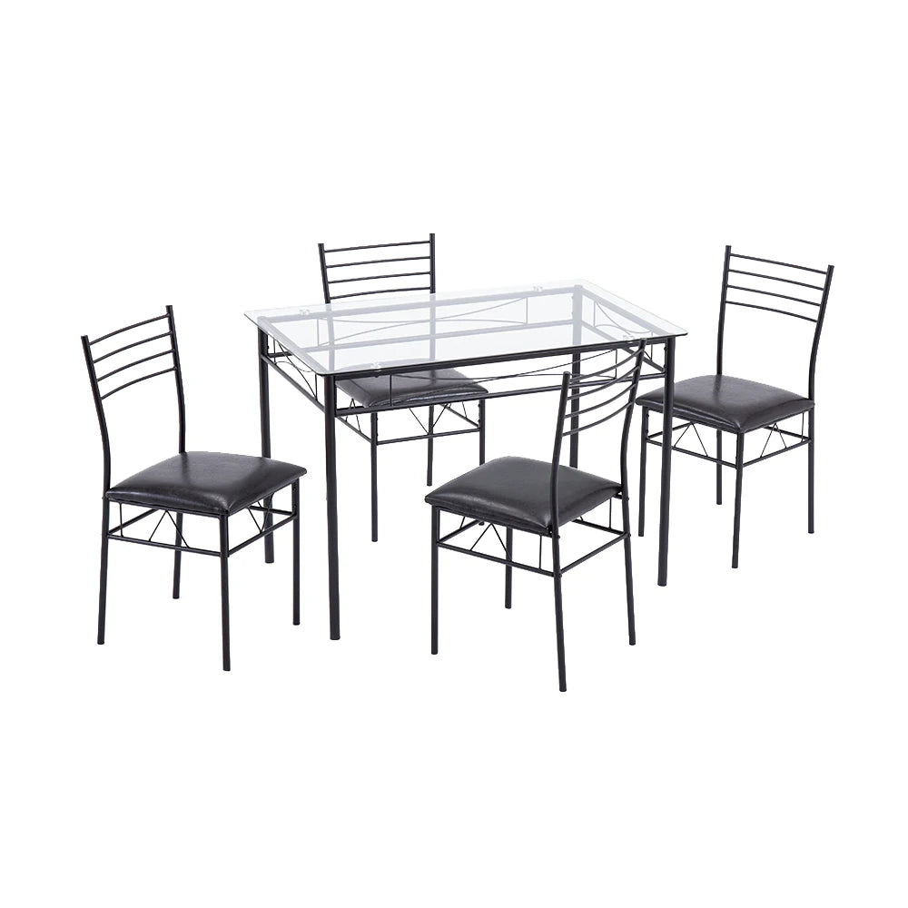 Two Colors Dinning Table Set  [110 x 70 x 76cm] Iron Glass Dining Table and Chairs Black One Table and Four Chairs PU Cushion