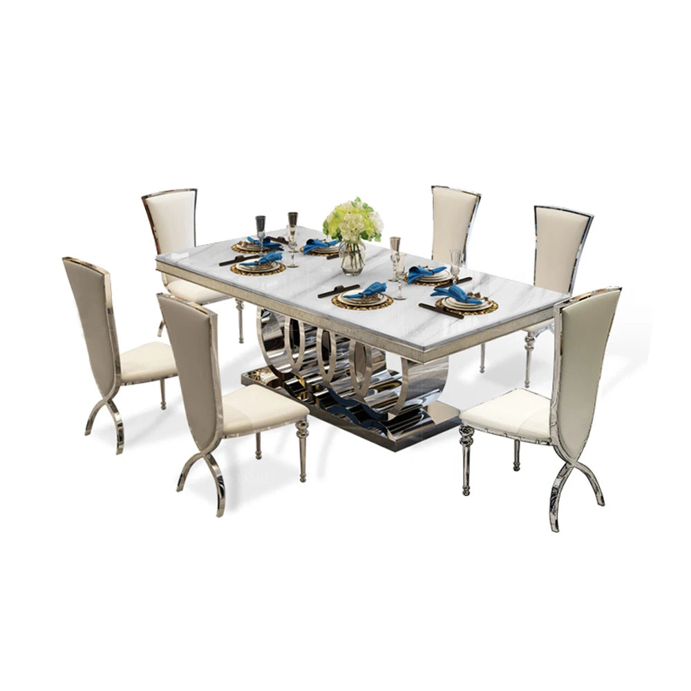 Mesa de comedor de mármol de acero inoxidable, comedor rectangular, sillas de comedor, muebles de madera, sillas jantar nórdicas