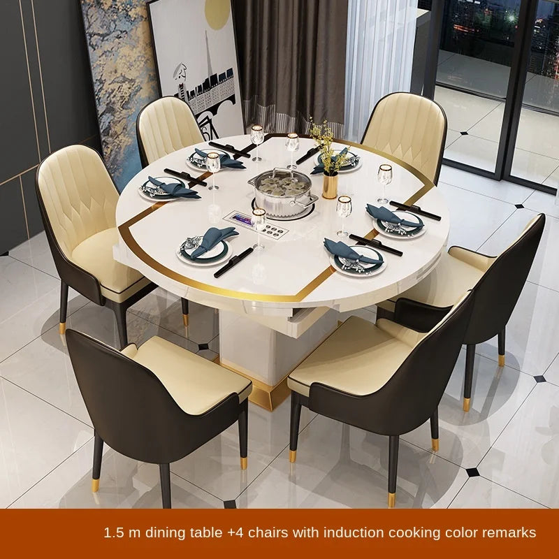 Folding with induction cooker dining table chair combination with turntable telescopic rotating size variable round table