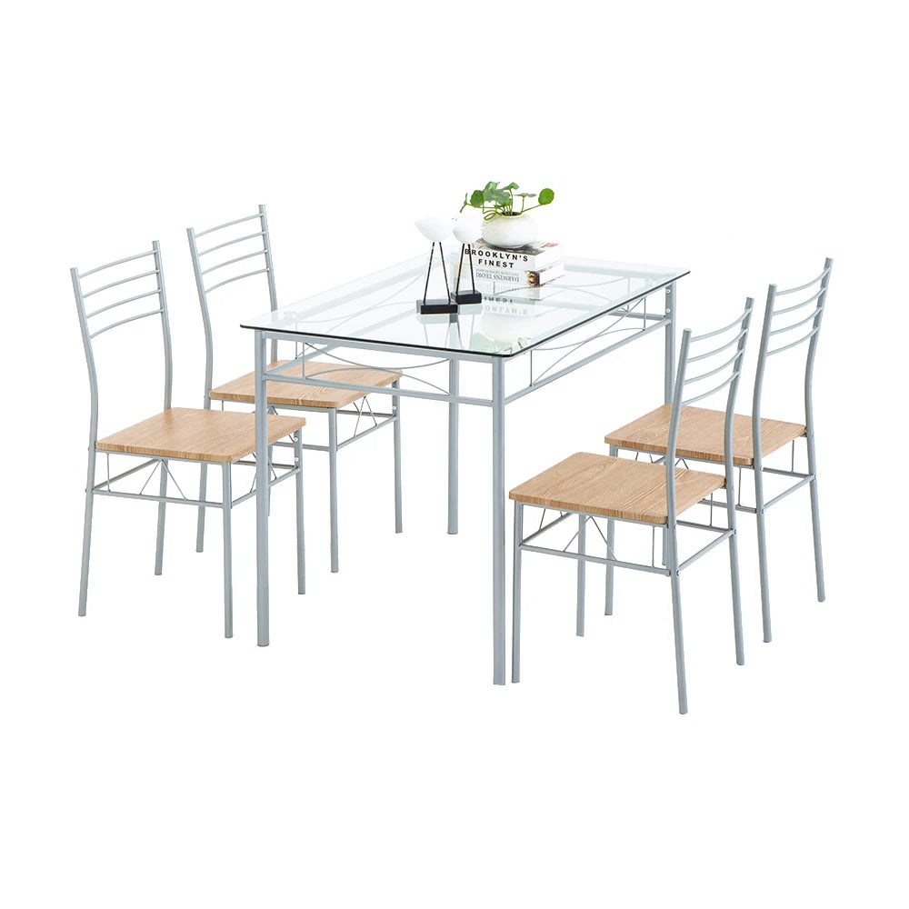 Two Colors Dinning Table Set  [110 x 70 x 76cm] Iron Glass Dining Table and Chairs Black One Table and Four Chairs PU Cushion