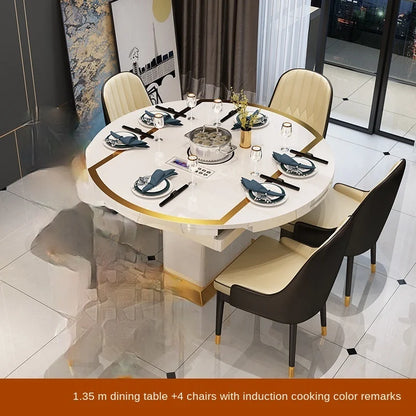 Folding with induction cooker dining table chair combination with turntable telescopic rotating size variable round table