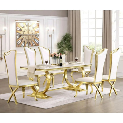 Juego de mesa de comedor de lujo, juego blanco y dorado, juego de comedor con mesa de comedor con base en U y 6 sillas de comedor tapizadas en cuero